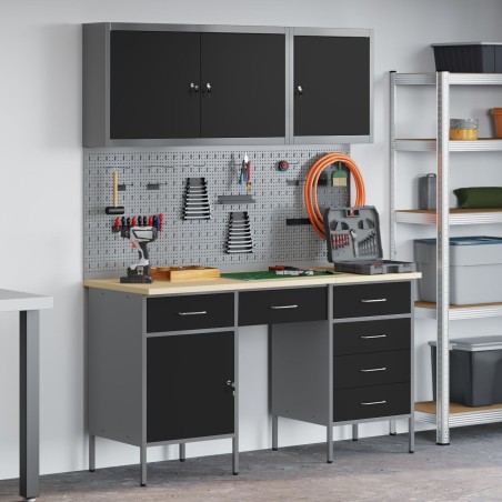 8-teiliges Set aus Arbeitsschränken und Lochwand von vidaXL – Schwarz, MDF und Metall