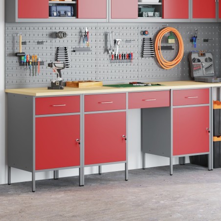vidaXL 4-teiliges Set aus Arbeitsschränken und Tisch, rot, Holzwerkstoff und Stahl